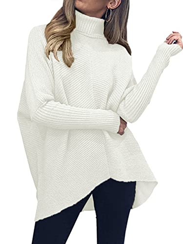 Anrabess Womens Turtleneck Long Sleeve Sweater High Low Hem Casual Winter Pullover Knit Tops A87Bai-S White #TOP1