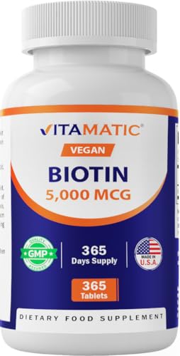 Vitamatic Biotin 5000mcg (5 mg) for Stronger Hair, Skin & Nails - 365 Vegan Tablets- Also Called Vitamin B7
