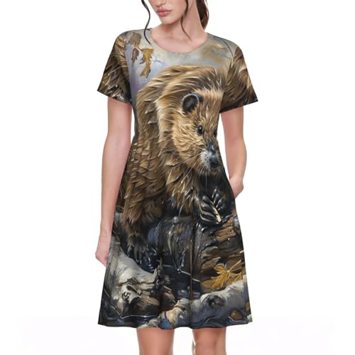 Robe d'été anti-transpiration femme motif castor élégante et fluide