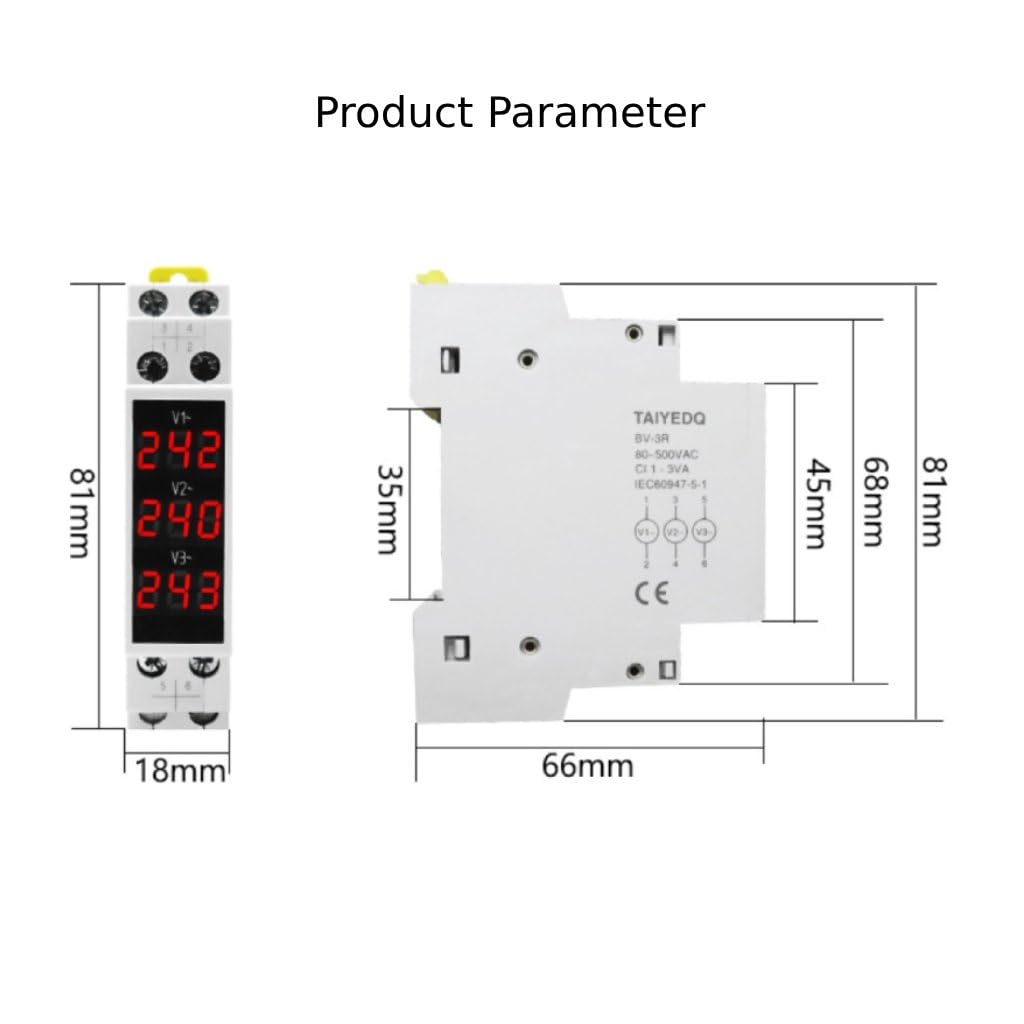3 Phase Ammeter LED Display High Accuracy Amp Meter AC 80-500V Current Meter DIN35MM Rail Voltmeter, red