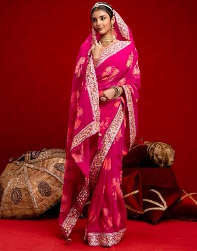 Image of SIRIL Women's Georgette Bandhani Printed Embroidery Lace Saree With Unstitched Blouse Piece