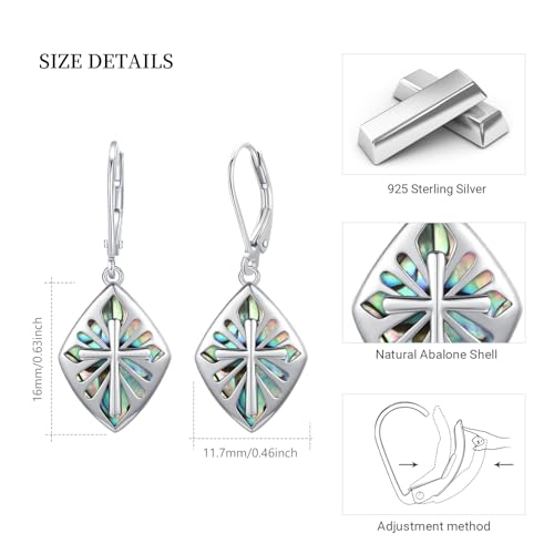 Cross Earrings for Women Sterling Silver Abalone Shell Cross Dangle Earrings Lever Back Drop Earrings Religious Jewelry Gifts4