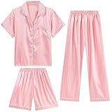 Three-piece pajama set: Crafted from soft satin-like material, this set includes a short-sleeved top, shorts, and pants for year-round comfort. The top features a lapel collar, front pocket, and button closure, while the shorts and pants have elastic...