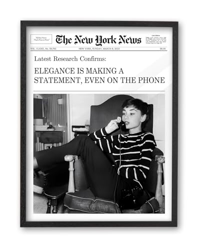 iHery 12x16in Natural Black OAK Wood Audrey Hepburn Newspaper Framed