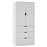 URBNLIVING 2 Door 3 Drawer Black White Oak Grey Modern Wardrobe Furniture with Clothes Hanging Rail Storage Shelf for Home Bedroom Organiser Unit H180cm x W80cm x D50cm