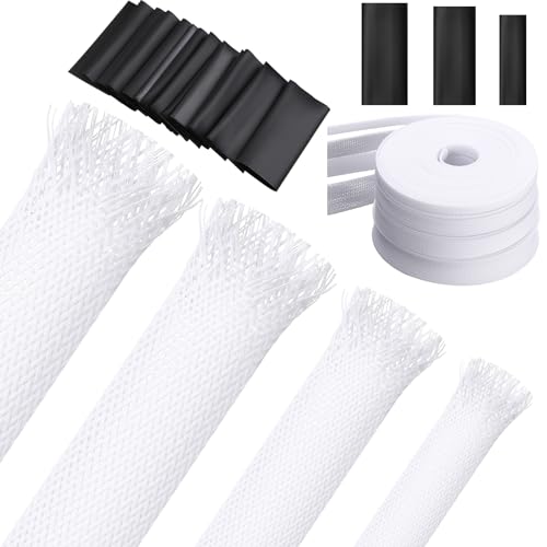 Tatuo 65.6 ft Expandable Braided Cable Sleeve Multi Size Braided Wire Sleeve with 120 Pcs Heat Shrink Tubing for Television Audio Computer Cables Video Pets 1/4 in 2/5 in 1/2 in 3/4 in(White)