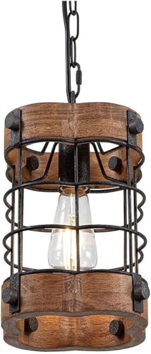 Lustre Vintage en Bois avec Suspension Réglable E26 en Métal Massif Robuste