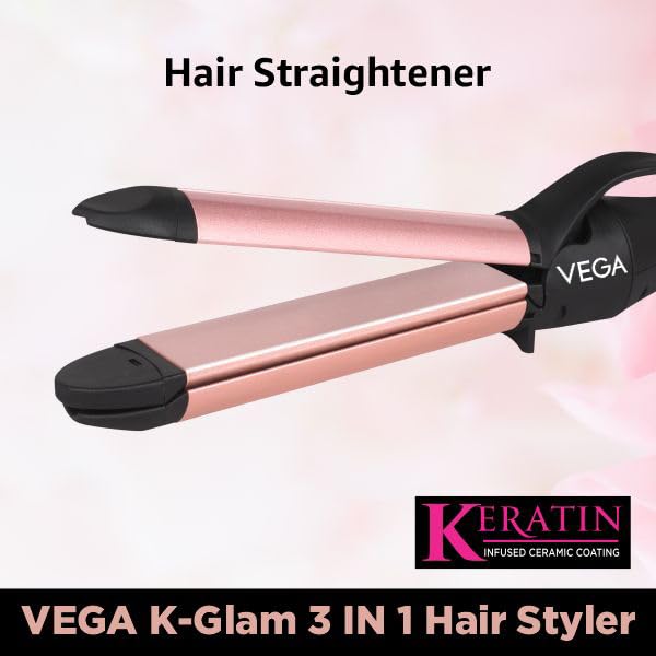 VEGA K-Glam Advanced 3 In 1 Hair Styler With Adjustable Temperature & Heat Protection Covers- Straightener, Curler & Crimper (VHSCC-04) Rose Gold - Image 5