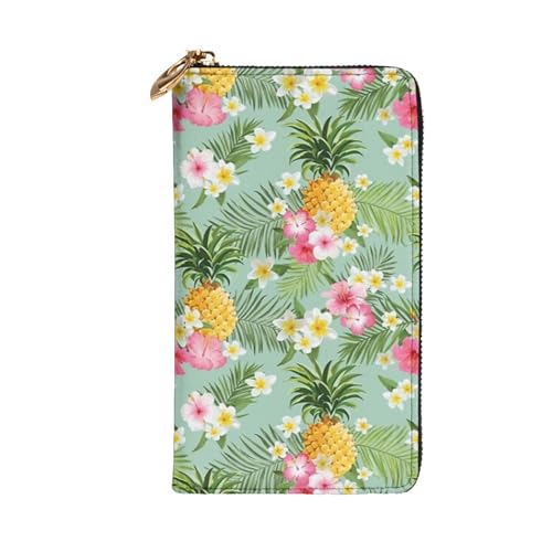 Hawaiian Pineapple and Tropical Flowers Leather Hand Wallet for Women Long Zipper Clutch Purse for Cash Cards Coin2