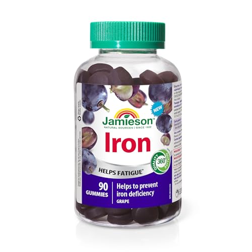 Jamieson Laboratories - Jamieson Iron Gummies Grape Flavour, Supports Overall Health, Helps with Fatigue, Prevents Iron Deficiency and Anemia. Vegetarian, Non-GMO, Gluten-Free, No Artificial Colours, Flavours, or Preservatives, 90 Count