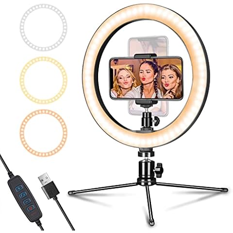 LED Ring Light 10" with Tripod Stand & Phone Holder for Live Streaming & YouTube Video, Dimmable Desk Makeup Ring Light for Photography, Shooting with 3 Light Modes & 10 Brightness Level Cover