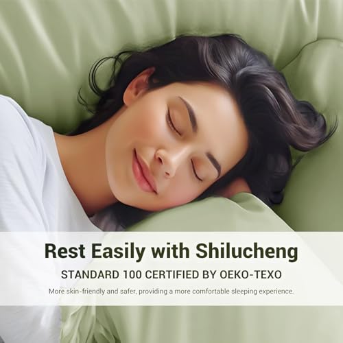 Image of Shilucheng 4 Piece Queen Sheet Sets, Cooling Sheets, Blend Rayon Derived from Bamboo, Deep Pocket Up to 16 inch, Breathable & Soft Bed Sheets, Hotel Silky Bedding Set, Sage Green
