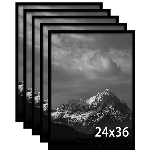 Fisnish 24x36 Poster Frame Black 5 Pack, Poster Frames 24 x 36 inches or 24x36 Picture Frames with HD Plexiglass Durable and Scratch-proof for Horizontal or Vertical Wall Mounting.