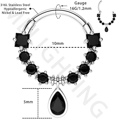 Melighting 16G Helix Earrings Hinged Segment Ring Black Gem Septum Rings Dangle Teadrop Septum Piercing Jewellery Cartilage Daith Earrings Daith Piercing Jewellery