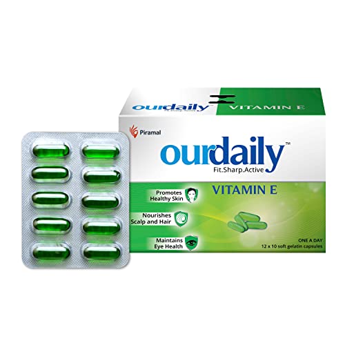 Image of OurDaily Vitamin E Capsules for Face & Hair by Piramal | 400mg | 120 capsules | 12 Strips | Vitamin E Tablet for Beautiful Glowing Face, Healthly Skin, Hair & Eyes Nutrition