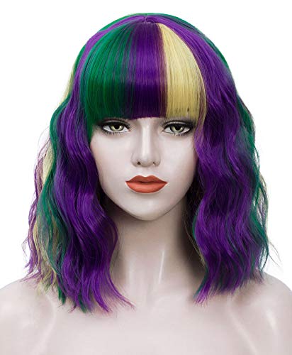 YIMANEILI Short Colored Wigs for Women Halloween Cosplay 13 inch Short Curly Wavy Bob Hair Wig with Bangs Color Cosplay Costume Wigs for Party Wigs YM207 Purple Green Yellow