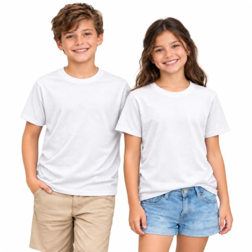 Image of KHIM Kids Adult Pack of 2 Plain PE T Shirts Boys Girls Active Wear Crew Neck T-Shirt Lightweight & Breathable Fabric Ideal for PE and School Uniform - White