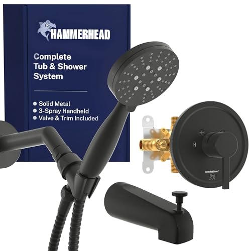 HammerHead® Solid Metal Tub Shower Faucet Set with Valve, Trim, Handheld Shower Head, 7" Arm, 72" Hose and Spout – Bathtub Faucet Set for Bathroom Remodel, Complete Shower Tub System - Matte Black