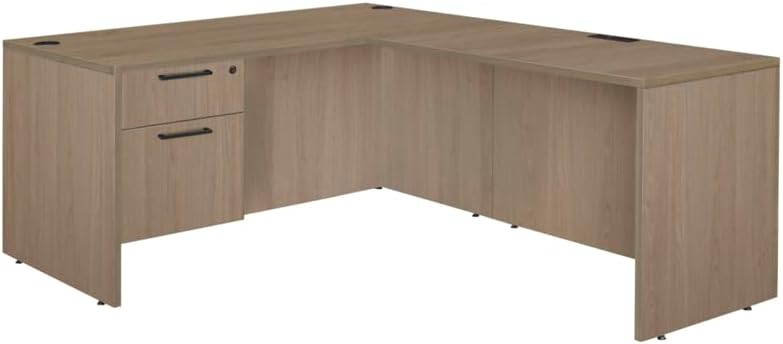 HomeStock Renaissance Rhapsody 60" x 77" L-Shaped Desk Noble Oak Finish with Locking Single Pedestal Drawer and Wire Management for Office Use
