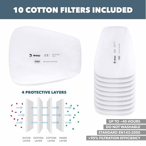 Vollmaske Atemschutzmaske Wiederverwendbar mit Filter (RH-7011) Für Organische Dämpfe, Saure Gase, Begasung, Farbe, Staub | Gesichtsschutz mit 10 Ersatzfiltern, Schutzbrille und Handschuhen