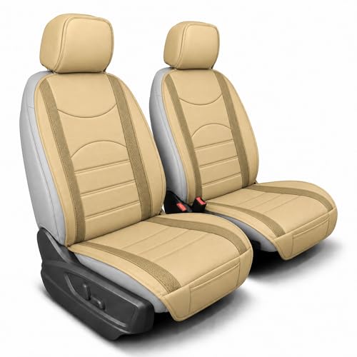 Image of FH Group Front Set Faux Leather Car Seat Cushions for Low Back Seat, Universal Fit, Airbag Compatible Seat Cover for SUV, Sedan, Beige Tan