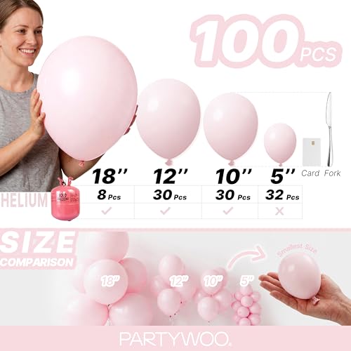 Image of PartyWoo Pale Pink Balloons 100pcs Different Sizes of 18 12 10 5 Inch Light Pastel Baby Pink Balloon Arch Kit for Engagement Bachelorette Baby Shower Easter Birthday Party Decorations Pink-Q01