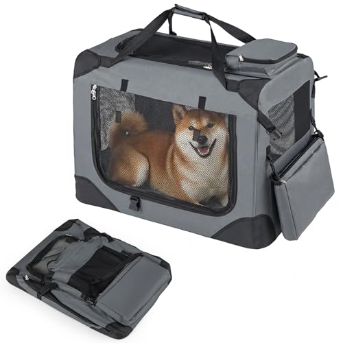 Costway 72cm Collapsible Soft Dog Crate, Portable Dog Travel Crate with Mesh Windows, 3 Doors, Removable Fleece Bed & Storage Pockets, Safety Zippers, Indoor Outdoor Pet Kennel for Medium Dogs & Cats