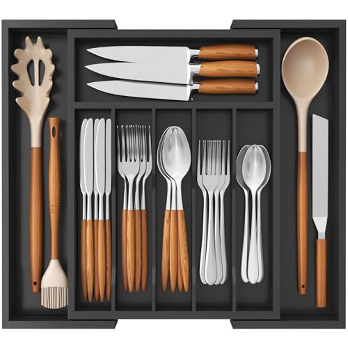 Lifewit Cutlery Drawer Organiser, Extendable Cutlery Tray for Kitchen Drawers Insert, Wood Utensil Holder Adjustable Storage for Spoons Forks Knives, 33-57x38cm, Black