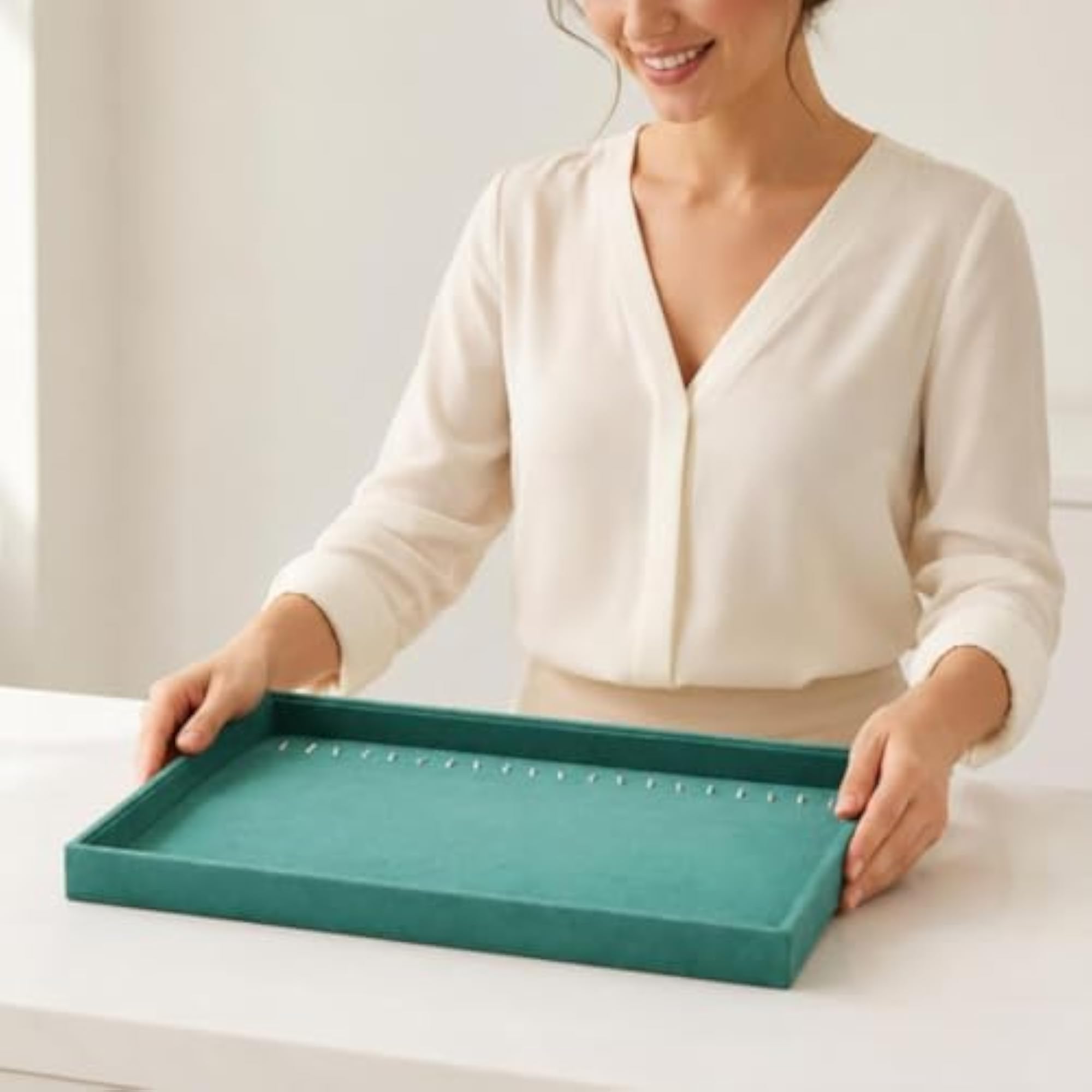 Green Velvet Jewelry Display Tray, Rectangular Accessory Storage