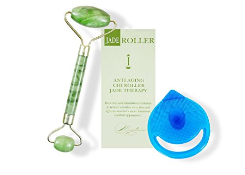 The Original Anti-Aging Jade Roller Facial Massager 100% Pure Jade Stone - Neck Slimming/Healer - Hand Crafted - Anti Wrinkle and Skin Reconditioning - Including A FREE Facial Scrubber