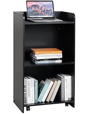 BEQUZON Black Wooden Lectern with Wheels, Rolling Podium Stand for Classroom, Church, Office