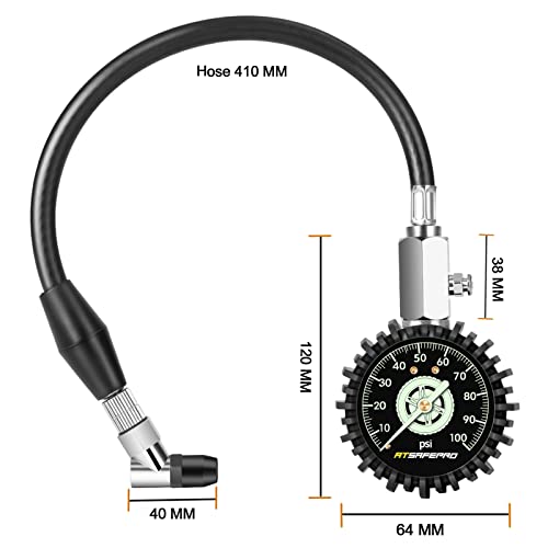 Atsafepro Tire Pressure Gauge 100Psi Glow In The Dark, 2.5” Dial Mechanical Tire Gauge With Flexible Hose And Angled Chuck, Certificated Accuracy Analog Air Pressure Gauge For Cars, Trucks, Bicycles. #TOP3