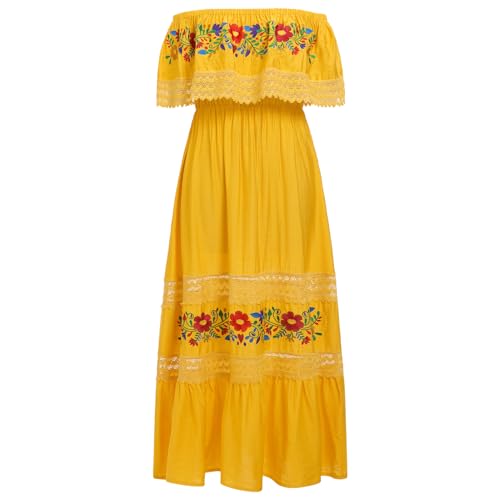 Image of ABEHIK Mexican Dress for Women Traditional Off Shoulder Embroidered Present Casual Lace Long Maxi Dress Cinco de Mayo Outfit