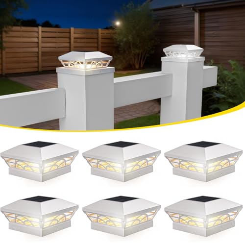 T-SUN Solar Post Cap Lights 6 Pack – Outdoor Waterproof Fence Lights for 3.5x3.5 4x4 5x5 5.5x5.5 Wood/Vinyl Posts, 2 Modes Warm White/White, Solar Deck Light for Patio, Garden, Porch (White)