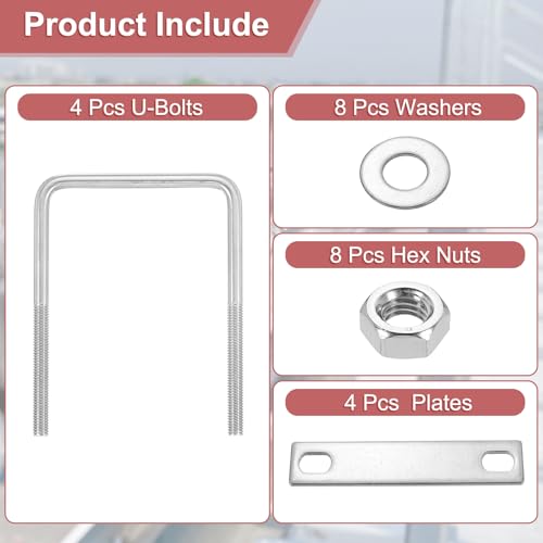 Image of uxcell 4Sets 304 Stainless Steel Square U-Bolts, 3.15 inch (80mm) Inner Width 4.72 inch (120mm) Length M8 with Nuts, Frame Plate, Gasket for Automobiles Trailer, Ski Boat, Fishing Boat, Pipelines