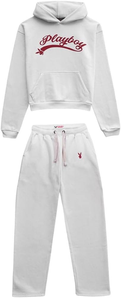 Playboy Logo Sweat Set – Unisex Fleece Hoodie & Jogger 2-Piece Loungewear with Retro Graphic Logos