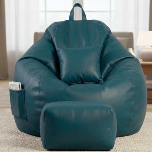 Image of KAM'S LIEU 5XL Luxury Faux Leather Bean Bag with Footrest & Cushion | Pre-Filled High-Density Polystyrene Beans | Premium Leatherette | 6 Months Warranty Color- (Teal, Without Footrest)