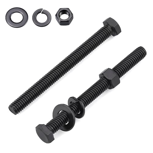 Glvaner 1/4-20 x 3 (10 Sets) Stainless Steel Hex Head Screws Bolts, Nuts, Flat & Lock Washers, 18-8 (304) Stainless Steel Bolts and Nuts Set, Full Thread, Black Coated