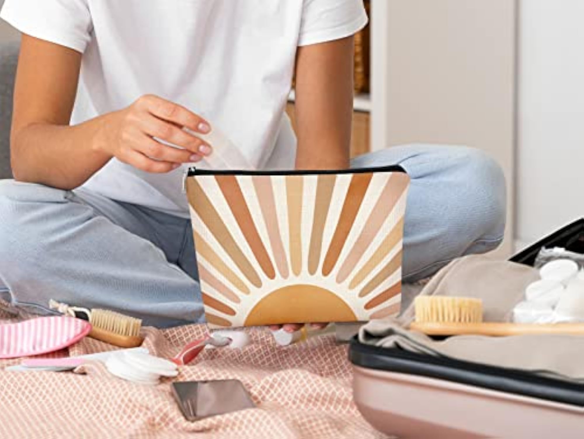 Boho Watercolor Sun Makeup Bag, Travel Cosmetic Pouch