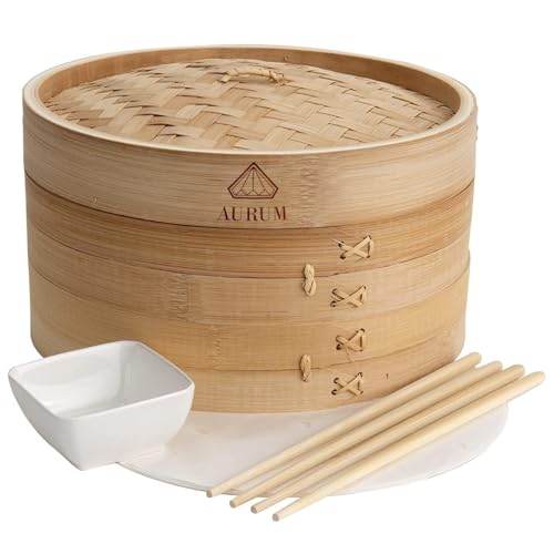Aurum® Vaporera de Bambú 2 Niveles, en 20 cm y 25 cm - Incluye Accesorios - Vaporera Cocinar Vapor Bambú, Steamer for Cooking, Cocedero de Vapor (ø25)