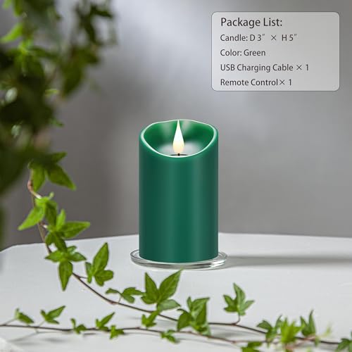 Image of Rechargeable Flameless Candles with Remote, Led Candles Flickering, Battery Operated Candles, Pillar Real Wax Green USB Candle 3D Wick for Home, Wedding, Halloween, Christmas 3 inch x 5 inch