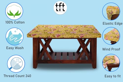 Image of The Furnishing Tree Elastic Cotton Rectangular Center Table Cover 24x48 in Inches Floral Pink Rose on Yellow Base