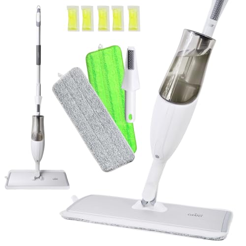 Don Aslett's Spray Mop Plus+ for Floor Cleaning| 360° Rotatable Head | Reusable Microfiber Pad | Rubber Scraper | Refillable | Cleaning Pods | All Floor Types Including Laminate, Hardwood, Tile