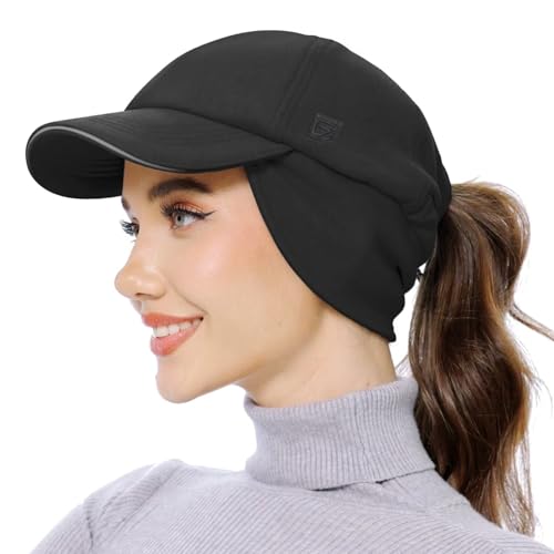 GADIEMKENSD Women's Fleece Ponytail Hat Reflective Winter Hat with Earflaps Trapper Hat with Drop Down Ear Warmers Adjustable Baseball cap Beanie for Skiing Snowboarding Hiking Running Black