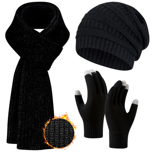 Winter Beanie Hat Scarf Gloves Set for Women Cold Weather Long Scarf Knit Touchscreen Gloves with Beanie Hat 3 In 1 (Black)