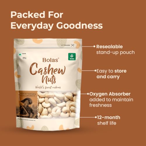 Image of Bolas Whole Cashew Nuts 250g | Kaju Grade W320 | Nutritious & Delicious | Rich in Protein, Magnesium & Phosphorus | Gluten Free | Dry Fruits
