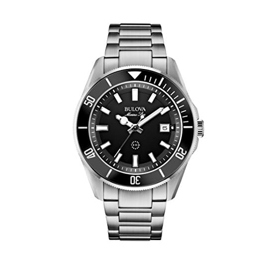 Bulova Relógio masculino Marine Star 'Series B' de aço inoxidável com 3 ponteiros com calendário de quartzo, mostrador preto Estilo: 98B203, Tom de prata, Standard, Pulseira de aço inoxidável prateada
