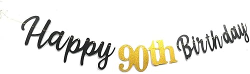 Vista 8 de Cartel negro de feliz cumpleaños 90 con purpurina dorada para decoración de fiesta de cumpleaños de 90 años, suministros de decoración