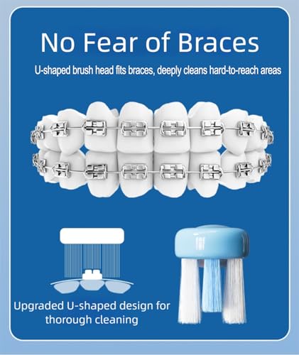Vonmerie Zahnspangen Zahnbürste V-Form, weiche PBT Borsten, 4 Stück (2 Orthodontische Bürsten + 2 Zahnspitzenbürsten/Interdentalbürsten) für Zahnspange (Blau interdentale Bürsten)