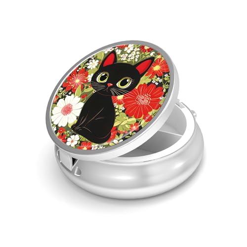 Image of Pill Box-3 Compartment Small Pill Case for Purse & Pocket Mini Metal Pill Holder Travel Pill Container to Hold Supplements Vitamins BPA-Free (Cute Cat)